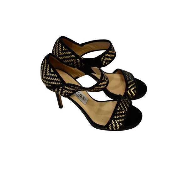 Women's Jimmy Choo Leather Black and Gold Ankle Strap Stiletto Size 37/7 - Picture 4 of 10